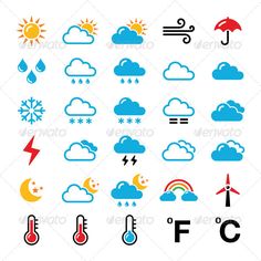 the weather icon set includes clouds, rain and sun symbols - miscellaneous objects / characters