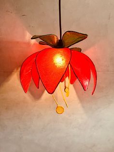 a red flower hanging from the ceiling with light coming out of it's center