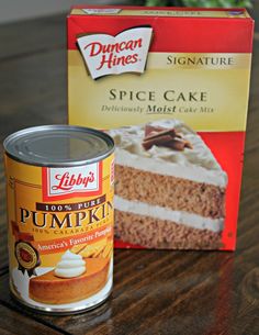 a can of cake next to a box of pumpkin spice cake mix on a table