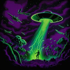 a man standing in front of an alien spaceship with aliens flying over him and other people around