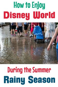 people are walking in the rain with umbrellas and strollers on their backs, which reads what to do in disney world when it rains