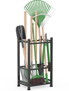 a black rack with green and white gardening utensils