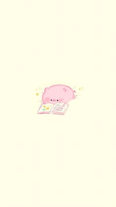 a pink pig reading a book on top of a white sheet with stars around it