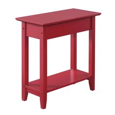 a red end table with one shelf on the bottom and two shelves below it, against a white background