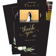 two thank cards with the words, thank you and an image of a bride and groom