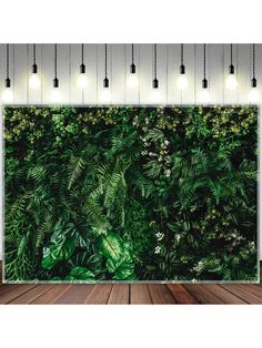 an image of a green wall with plants and flowers in the middle, on a wooden floor