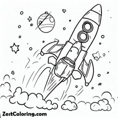 a black and white drawing of a rocket ship flying through the sky with planets in the background