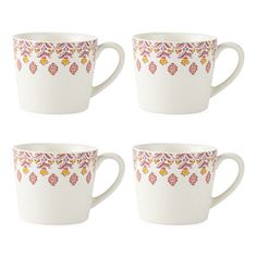 four white coffee cups with pink and yellow designs on the rims, set of 4