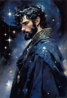 a painting of a man with long black hair and beard wearing a blue robe, stars in the sky behind him