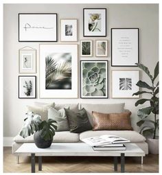 a living room filled with lots of pictures on the wall and plants in vases