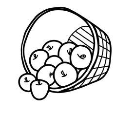 a basket filled with apples on top of a white background, in black and white