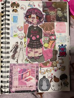 an open notebook with various stickers and pictures on the pages, including anime characters