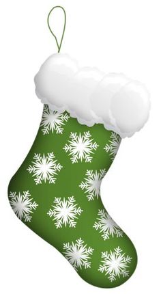 a green christmas stocking with white snowflakes