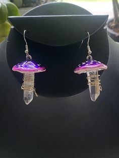 Clear crystal with purple mushroom tops. Mushroom Theme, Purple Mushroom, Black Mushroom, Mushroom Earrings, Purple Crystal, Wedding Jewelry Earrings, Purple Crystals, Wedding Earrings, Cute Jewelry