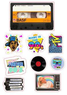 an assortment of stickers and decals from the 80s's are displayed on a white background