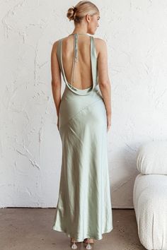 Shop the Cassiopeia Open Back Maxi Dress Pistachio | Selfie Leslie Maxi Silk Slip Bridesmaid Dress Open Back, Luxury Cowl Back Bridesmaid Dress, Luxury Cowl Back Maxi Dress For Formal Occasions, Luxury Low Back Maxi Dress With Fitted Bodice, Luxury Tie Back Bridesmaid Evening Dress, Green Silk Dress Low Back, Scooped Back Dress, Avocado Green Dresses, Cowboy Chic