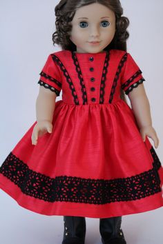 Red Satin Christmas Dress for Cecile or Marie Grace by BabiesArtUs, $48.00 Cluny Lace, Red Satin, Christmas Dress, Black Button, Sewing Inspiration, American Girl Doll