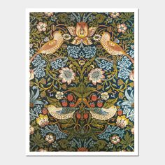 an intricately designed wallpaper with two birds and flowers on black, green, yellow and red colors