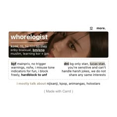 an image of a woman's face with the words whorlogist on it