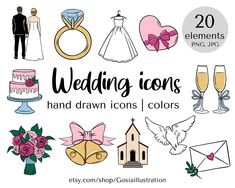 wedding icons hand drawn in color and black and white with pink flowers, cake, champagne glasses