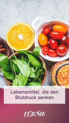 various fruits and vegetables in bowls on a table with the words, liebenstiteli, die den bluutruck - seiken