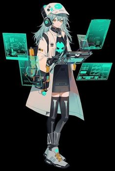 an anime character holding a laptop and wearing headphones, standing in front of computer screens