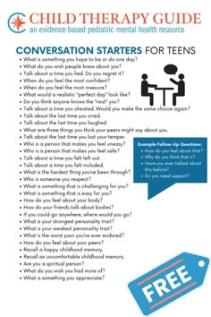 Effective communication during adolescence builds mutual trust, understanding, and respect. This kind of communication allows parents to better recognize cues and attend to the needs of their teenager. Learn more about parent-teen communication and checkout our free conversation starters for teens!  Try these open-ended questions to engage teenagers in conversation, and be willing to genuinely answer the questions asked of you!  Visit Child Therapy Guide to learn more and to access our free printable mental health resources for adolescents. Conversation Starters For Teens, Counselling Worksheets, Starters Writing Prompts, Conversations Starters, Counseling Teens, Therapy Classroom, Counselling Tools, Therapy Questions, Counseling Tools