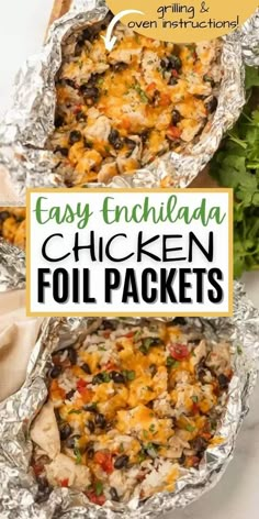 easy enchilada chicken foil packets with text overlay