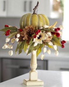 Pumkin, candlestick, fall floral stems. Fall Centerpiece, Thanksgiving Decor, Samhain, Fall Thanksgiving, Thanksgiving Decorations, Wedding Stuff, Holiday Crafts, Thanksgiving