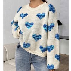 Cozy Blue Hearts Print Oversized Knit Sweater Top Xs S M L, 100% Acrylic, Ships In 7-8 Days Relaxed Dress, Blazer Blouse, Exaggerated Collar, Preppy Business, Oversized Knit Sweater, Bride Lingerie, Peplum Shirt, Lemon Chiffon, Bohemian Minimalist