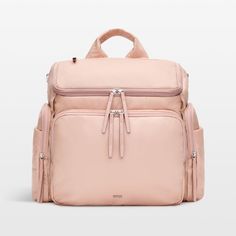 a pink backpack with two zippers on the front and side pockets, one is open