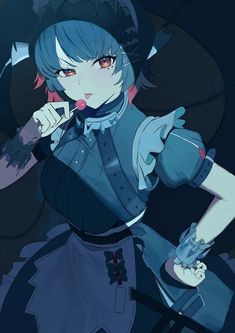 an anime character with blue hair and red eyes holding a knife in her right hand