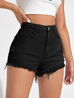 Negro  Collar  Mezclilla Liso Pierna recta Embellished No-Elástico  Mezclilla para mujer Short Jeans Outfit Woman, Jeans Shorts Women, Black Shorts Women, Women Jean Shorts, Denim Black Shorts, Black Short Jeans Outfit, Black Jeans Shorts, Black Short Pants, Girl Shorts