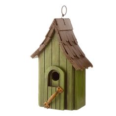 a bird house with a key hanging from it's side and a brown roof