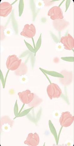 pink tulips and daisies with green leaves on a light pink wallpaper