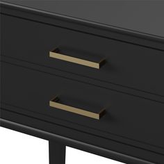 a black dresser with two gold handles and three drawers on the bottom, side view