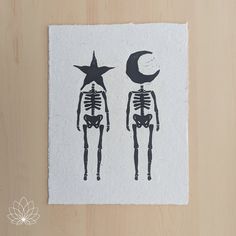 two skeletons are standing next to each other with the moon and star above their heads