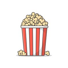 a red and white striped popcorn bucket filled with popcorn kernels on a white background