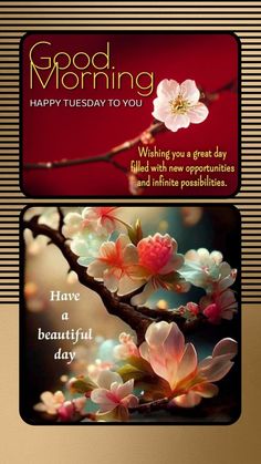 two greeting cards with flowers on them and the words good morning written in gold lettering