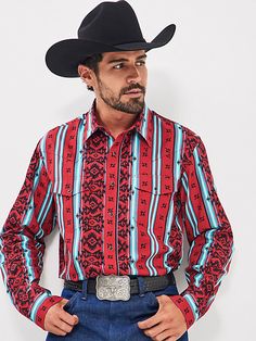 STYLE THAT’S READY TO RODEO Wrangler's Checotah® has a home in the closets of cowboys around the world. This men's Checotah long-sleeve western snap Navajo-inspired printed shirt is designed to make a statement no matter the destination. It features a classic fit, a spread collar, pointed yokes, two snap flap pockets with a convenient pencil slot, adjustable cuffs, and a full-length snap closure for the finishing touch. Best of all, it's crafted from cotton for uncompromising comfort. Look sharp Short Uggs, Mens Western, Western Boots For Men, Work Boots Men, Jumpsuit Jacket, Cowboy Style, Wallet Men, Rodeo, Boots Men