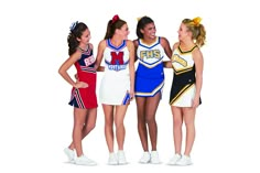 three girls in cheerleader outfits are standing next to each other and smiling at one another