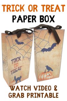 a trick or treat paper box with bats and pumpkins on it, for halloween