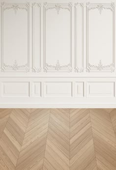 an empty room with wood flooring and white wall paneling in the corner, 3d rendering