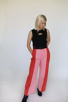 Poppy Pants in Pink Cherry – Sugar Cilantro Pink Cotton Pants For Fall, Trendy Cotton Cargo Pants, Pink High Rise Bottoms For Work, Retro Trousers Jeans For Fall, Retro Jeans Shaped As Trousers For Fall, Color Block Cotton Bottoms For Fall, Fall Color Block Cotton Bottoms, Retro Spring Color Block Bottoms, Spring Straight Leg Color Block Pants