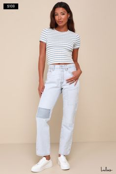 You can never go wrong with a classic like the Levi's 501 Crop Light Wash Patchwork Denim High-Rise Straight-Leg Jeans! Sturdy denim (in Levi's Feeling Cheeky wash) creates a high waist, a five-pocket cut, belt loops, and a branded top button above a hidden button fly. Straight pant legs, with patchwork details, taper slightly at the ankle-length hems. Red logo tag and leather patch at back. Fit: This garment fits true to size. Length: Ankle length. Size 28 Waist: Fitted - very fitted at natural Levis 501 Crop, Patchwork Denim, Red Logo, Levi's 501, Denim Patchwork, Logo Tag, Leather Patches, Straight Pants, Ankle Length