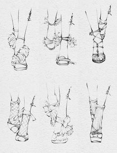 six drawings of different types of shoes and socks with flowers in them, all drawn by hand