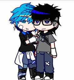 two cartoon characters hugging each other with blue hair and glasses on their faces, one is wearing