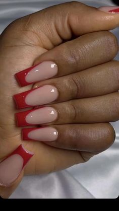 Coffin Shape Nail Inspiration, Red French Tip Nails Coffin Short, French Tip Nails With Red Bottoms, Nail Designs Square Shape Long, Red Nail Coffin, Red French Tip Nails Black Women, Red Acrylic Nails French Tip, Red Nails Simple Design