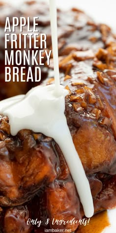 an apple fritter monkey bread is drizzled with milk