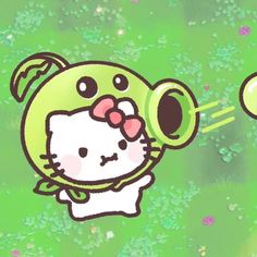 an image of a hello kitty wallpaper with flowers and grass in the background that says hello kitty